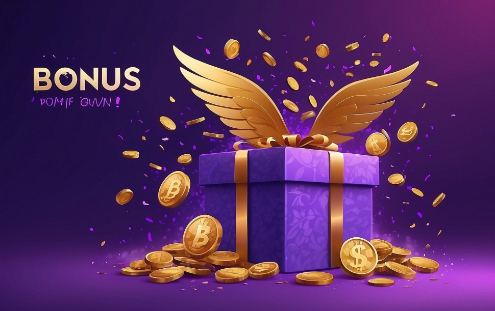 Bonus word flying from textured gift box and purple background. Winning prize vector illustration